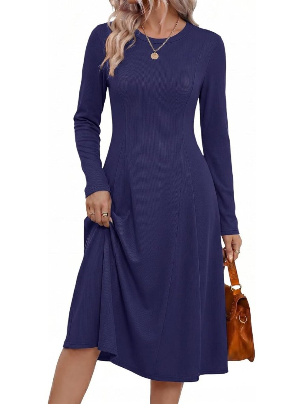 Women's Navy Blue Sweater Crew Neck Long Sleeve Ribbed Knit A Line Midi Dresses